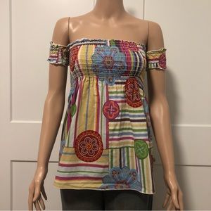 Chloe K Colorful Floral Smocked Off Shoulder Cotton Stretch Top XS